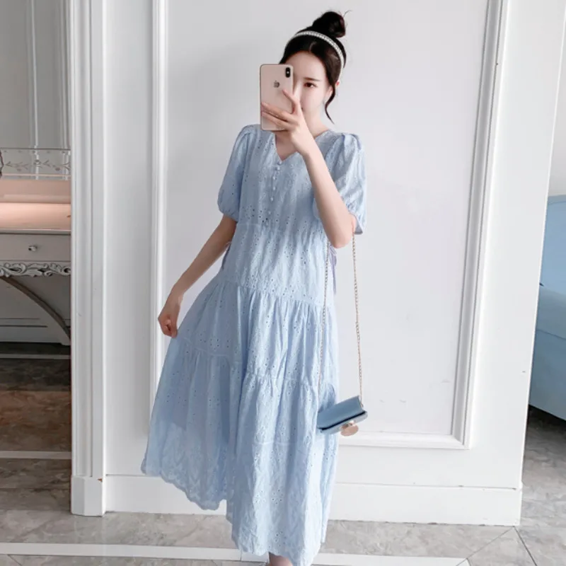 

Bohemian Long Dress Blue V-neck Embroidery Hollow Out Maxi Dress Pregnant Women Elegant Clothing White Cotton Chic Beach Casual
