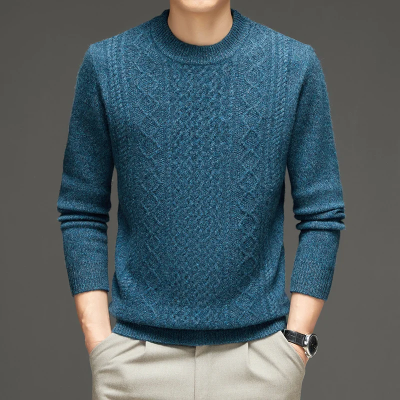 Autumn And Winter New Men's Half-High-Necked Thick 100% Pure Wool Sweater Jacquard Long-Sleeved Business Warm Bottoming Shirt.