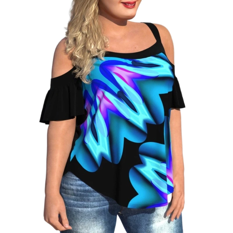 2022 Fashion Plus Size 4Xl Cold Shoulder Tunic Women Summer Ruffles Sleeve 3D Print Strap Ladies Tops Plus Size Women Clothing