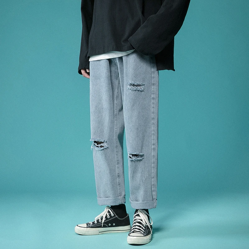 2022 Spring Summer New Men's Ripped Blue Jeans Korean Fashion Straight-leg Denim Wide-leg Trousers Baggy Ankle-Length Pants