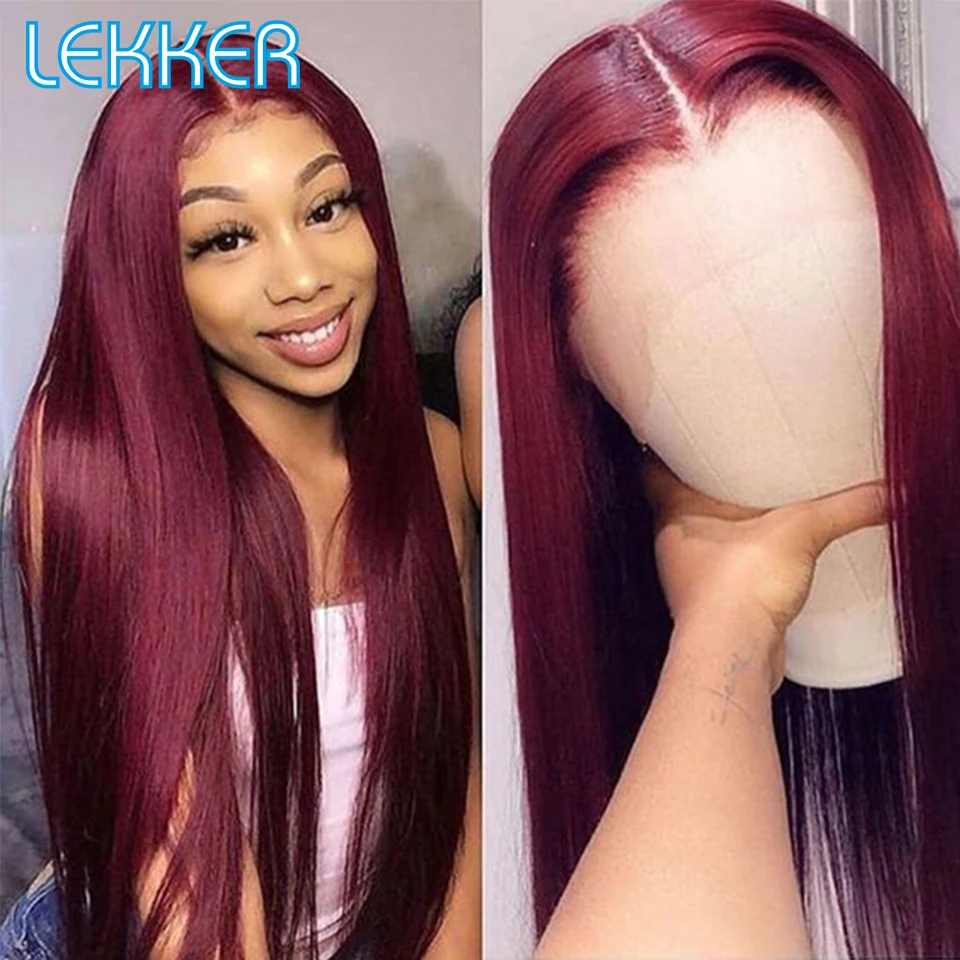 Lekker 99j Straight T Part HD Lace Front Human Hair Wig For Women Pre Plucked Brazilian Remy Hair Transparent Lace Burg Red Wig