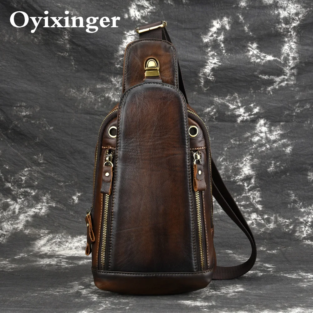 

OYIXINGER Genuine Leather Chest Bags For Men Crossbody Bag Vintage Distressed Men's Retro Bag Leisure Hand Rubbing Bags For Male