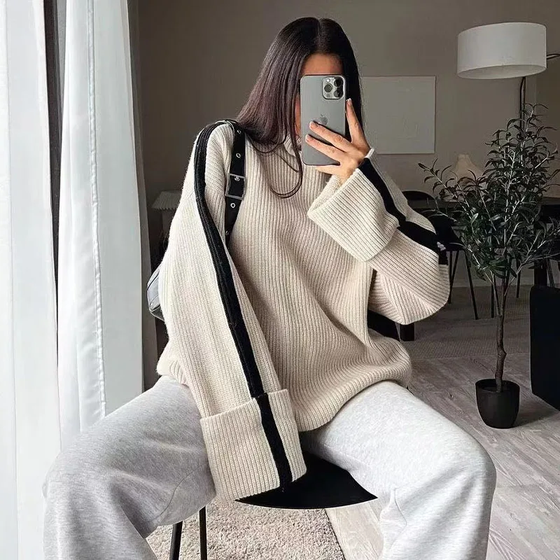 

ZATRHMBM Women 2023 Autumn New Fashion Streetwear Turtleneck Knitted Sweater Vintage Long Sleeves Female Pullover Chic Tops