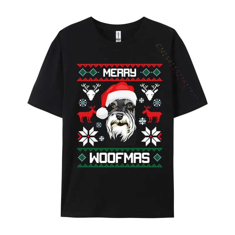 Miniature Schnauzer Merry Woofmas For Christmas Clothes T-Shirts 100% Cotton Fabric Men Short Sleeve Tops &amp Tees Design