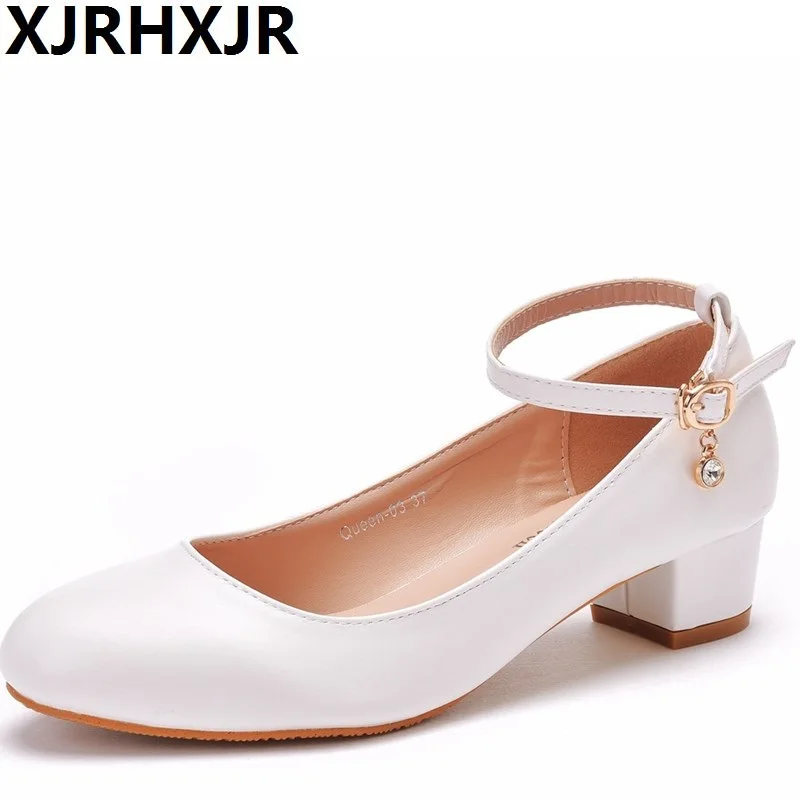 

Женские туфли мэри джейн на высоком каблуке 3 см, пикантные вечерние туфли с круглым носком для невесты, белые, большие размеры 35-42