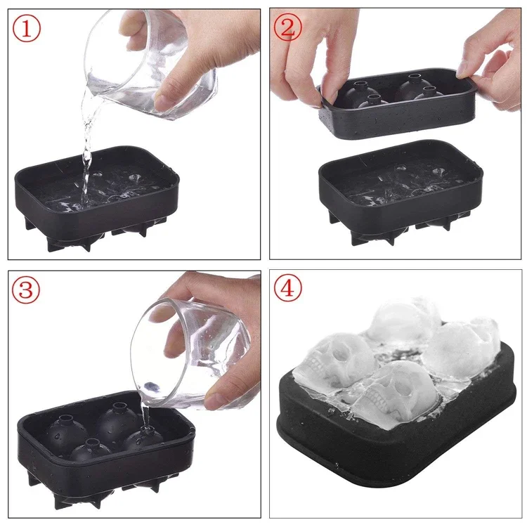 

3D Skull Ice Cube Tray With Funnel Silicone Flexible 4 Cavity Ice Maker Molds Ice Cube Maker Ice Cream Tools