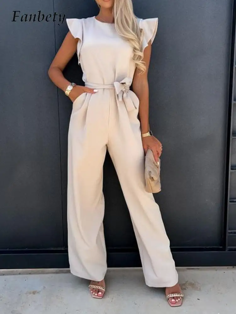 

Lady Elegant Solid With Pocket Wide Leg Overalls Summer Sleeveless Lace Up Straight Playsuit Fashion O Neck Ruffle Long Jumpsuit