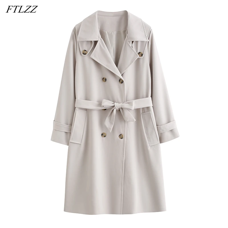 

FTLZZ 2022 Spring Autumn Women Double Breasted Long Trench Coat with Belt Streetwear Female Loose Windbreaker Ladies Outwear