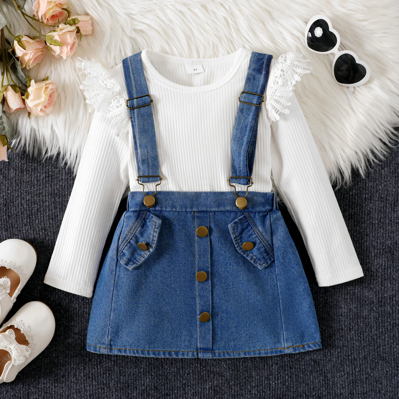 

PatPat 2pcs Toddler Girl Guipure Lace Trim Long-sleeve Rib-knit Top and 100% Cotton Denim Suspender Skirt Set