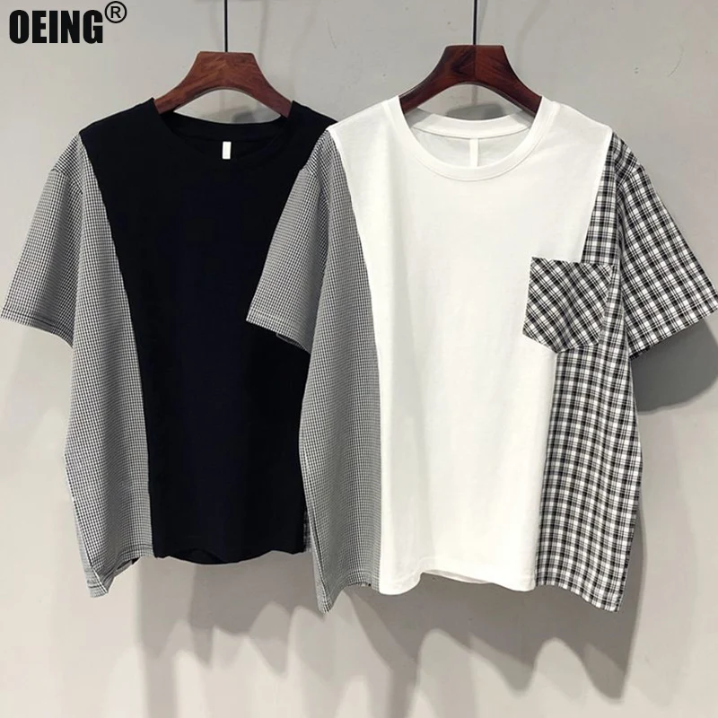 

Summer Short Sleeve Loose Plaid Stitching Bcasual Ottoming T-shirts Round Neck Vintage Women's T-shirt Pockets All-match Tops