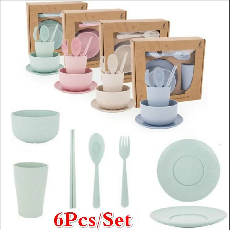 

6Pcs/Set Wheat Straw Baby Tableware Children Food Dishes Bowl Feeding Infant Learning Dinnerware Spoon Chopsticks Fork Cup