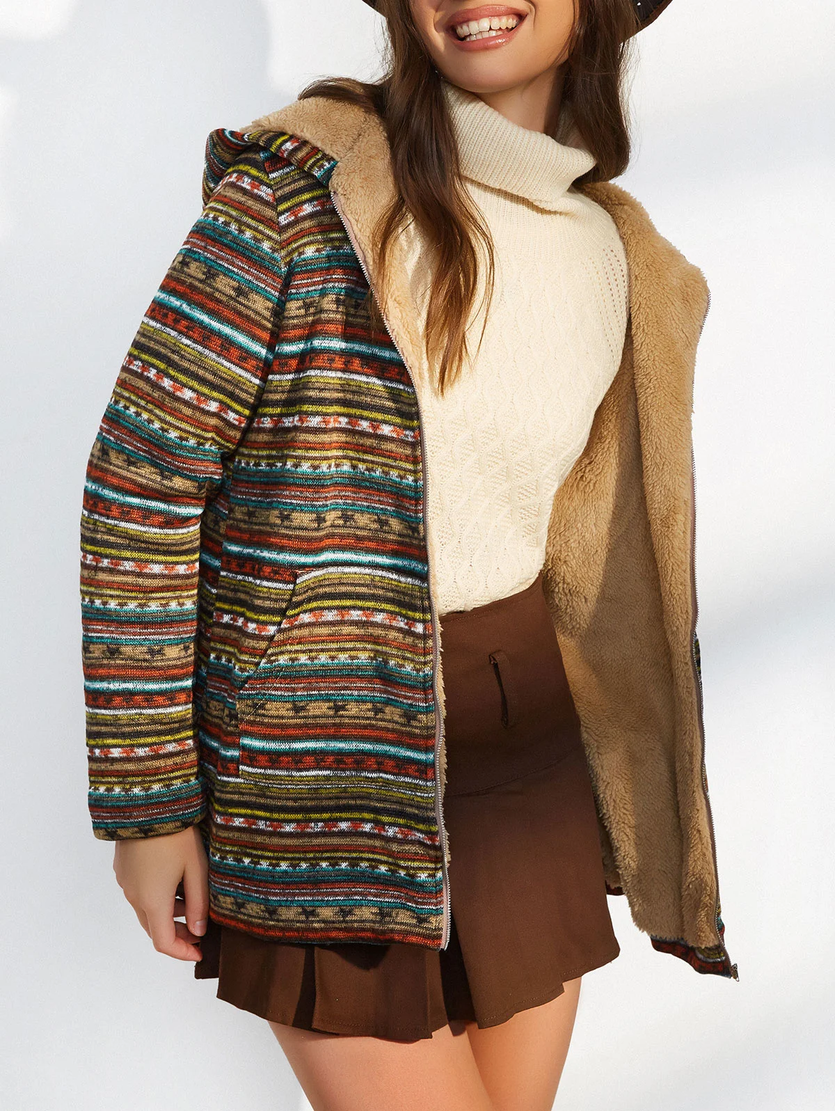 

ZAFUL Ethnic Print Faux Fur Lined Hooded Zip Coat Female Long Fuzzy Jacket Winter Clothes Women Outerwear
