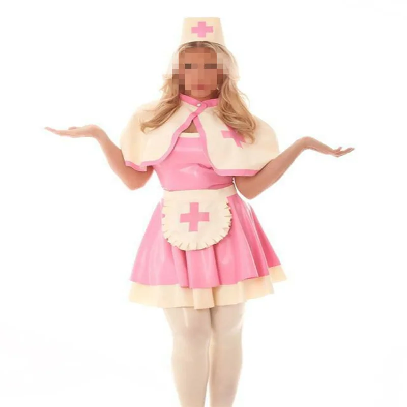 

Женская медсестра ручной работы, ярко-розовый с белым фартуком, шляпа размера XS-XXL, женская одежда для клуба, костюм для косплея