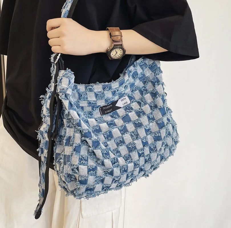 

Вместительные джинсовые сумки на плечо, модная клетчатая мягкая хлопковая дорожная Сумочка для женщин, модные сумки через плечо из денима