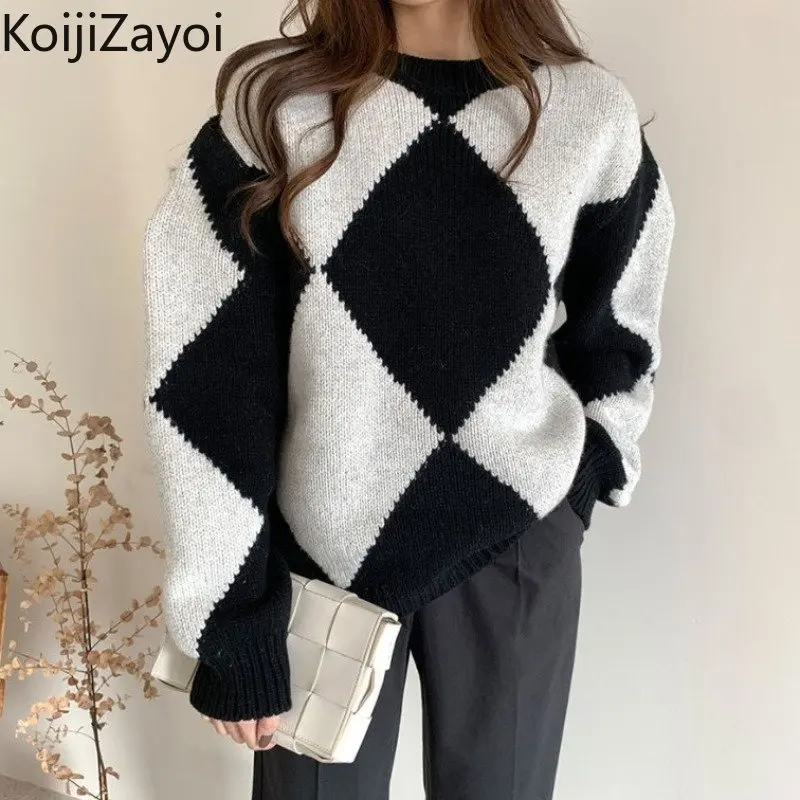 

Женский свободный винтажный свитер в клетку Koijizayoi, толстые теплые пуловеры с круглым вырезом, повседневная верхняя одежда, джемперы, Осень-зима 2022