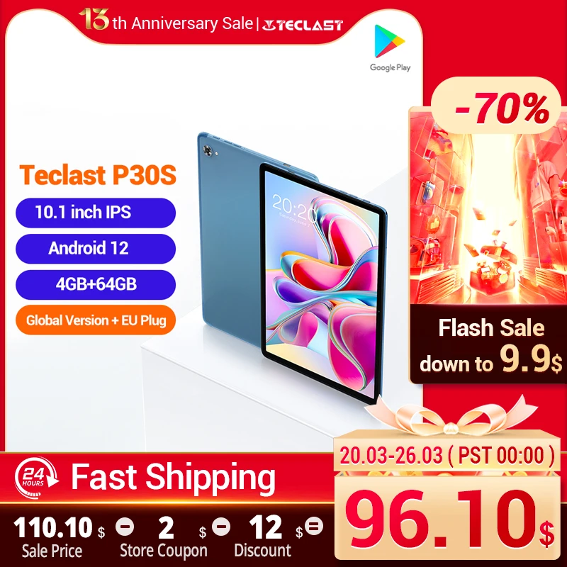 Teclast P30S Tablet 10.1 Inch 1280x800 IPS Android 12 4GB RAM 64GB ROM MT8183 8 cores GPS Type-C 6000mah