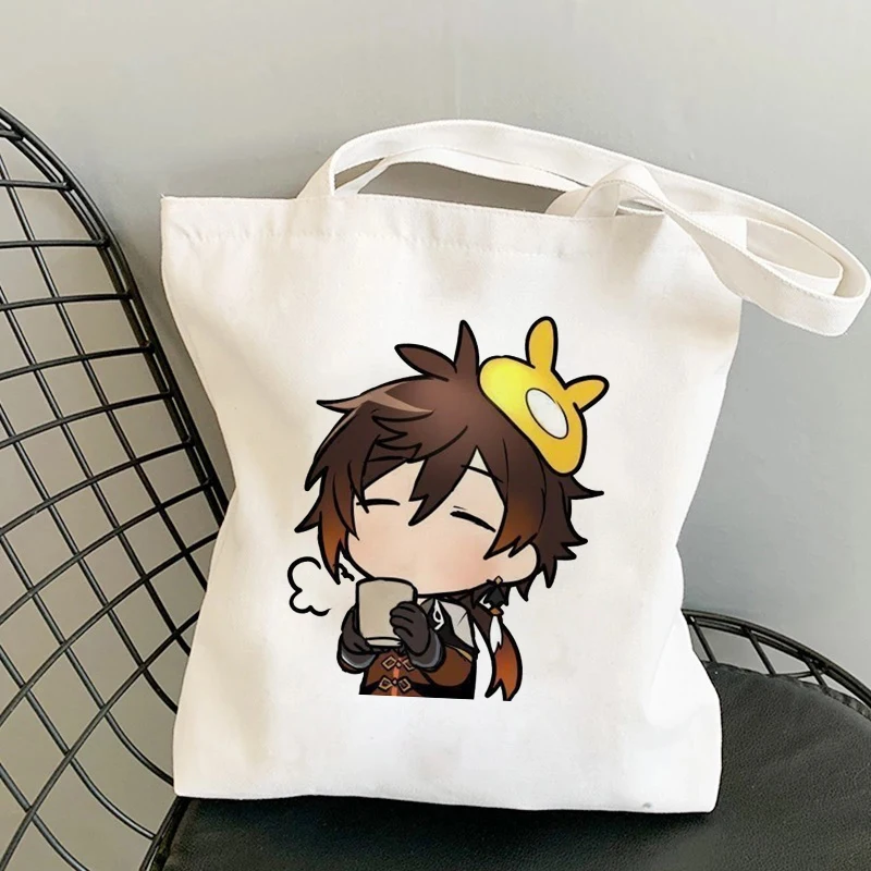 

Shopper Genshin Impact Zhongli Morax Anime Canvas Shopping Bag Large Capacity Collapsible Women Harajuku Shoulder Bag Handbag