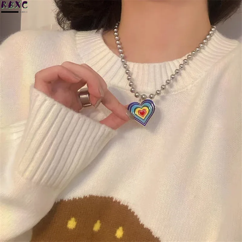 

Rainbow Love Bead Necklace in Cool Style Simple Female Personality Versatile Short Clavicle Chain Choker Hip Hop