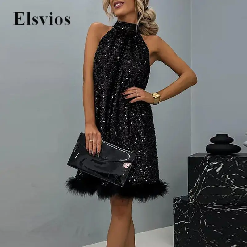 

Fashion Vintage Sequin Patchwork Plush Mini Dress Elegant Women A-Line Dress Sexy Bandage Halter Sleeveless Glitter Party Dress