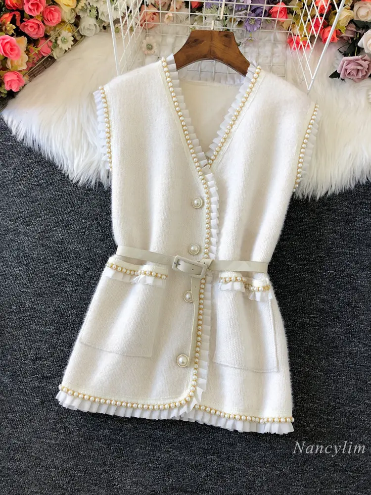 

Wool Blends Vest Women's Spring Autumn New Stitching Mesh Ruffles Beaded Outerwear Double Pocket Waistcoat All-Matching Top