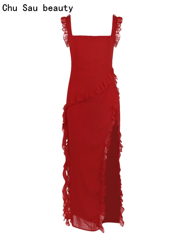 

Chu Sau beauty 2023 Women Fashion French Sweet Fungus Sleeveless Chiffon Long Dress Sexy Slim Backless Chic Split Dresses