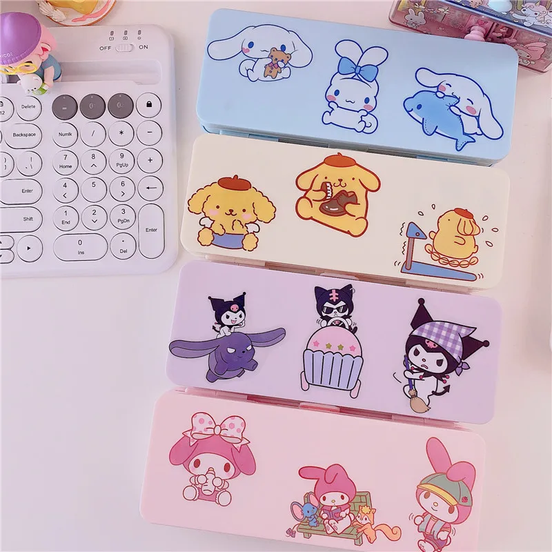 

Kawaii Sanriod Stationery Box Kuromi My Melody Cinnamoroll Cute Cartoon Double Storage Box Student Plastic Pencil Box kids Gift