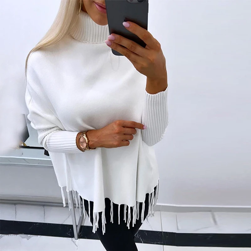 

Autumn Fashion Tassel Patchwork Solid Commuter Sweater Simple Loose Pullover Tops Casual Turtleneck Long Sleeve Knitted Sweater