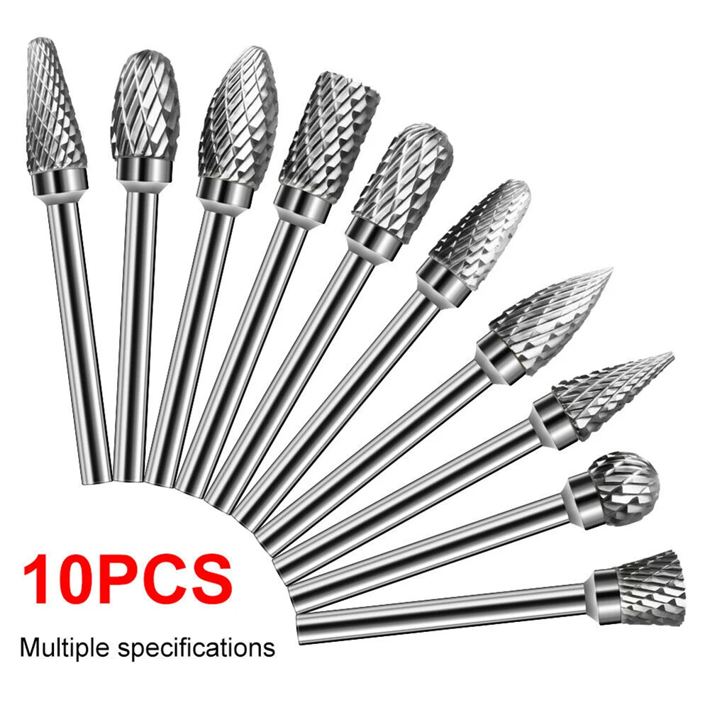

10 Pcs Rotary Burr Set Head Tungsten Carbide Burr 1/8\" Shank Die Grinder Bit Tool 1.7~2.0'' Length Tool Bits