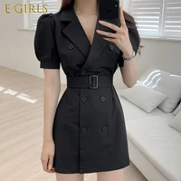 e girls women dress summer ladies lightly cooked style lapel buckle strap waist double breasted puff sleeve suit vestidos