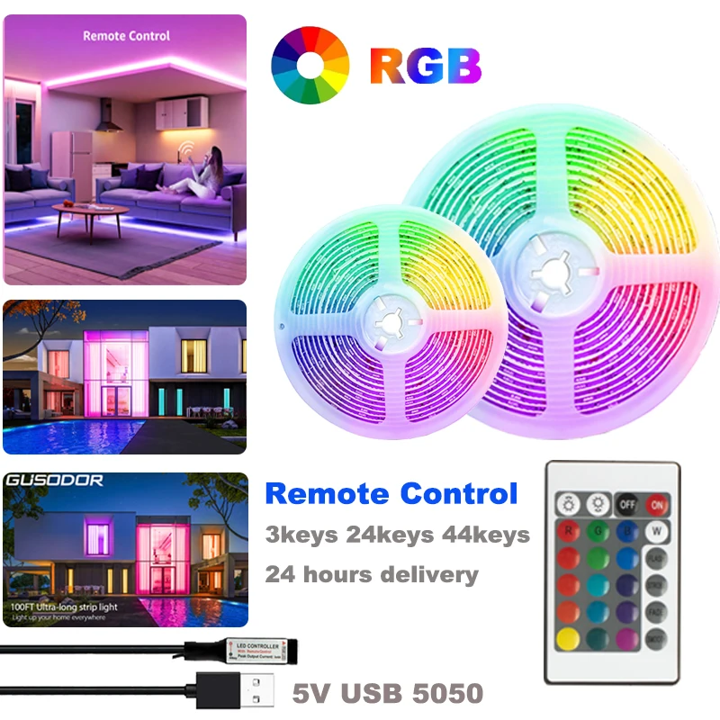 

Светодиодная ленсветильник s RGB, 5050 цветов, подсветильник ка для телевизора, светодиодная подсветка, Рождественское украшение для спальни, пульт дистанционного управления на 3 клавиши, 24 клавиши, 44 клавиши