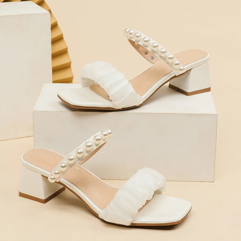 

Shoes Woman 2022 String Bead Square heel Slippers Casual Low Pantofle Heeled Mules Block Luxury New High Summer Pumps Scandals F