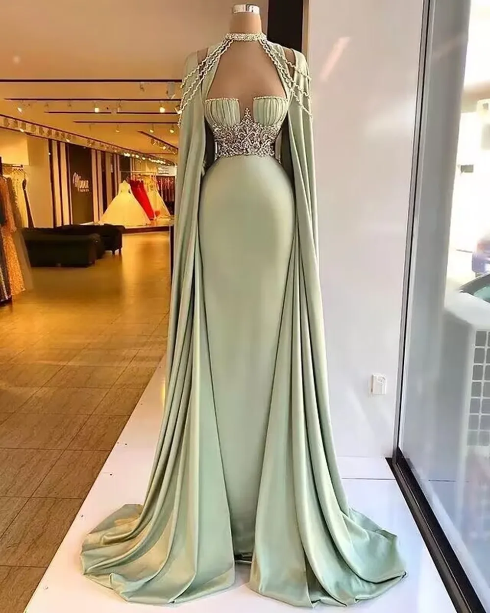 

2022 Aso Ebi Arabic Prom Formal Dresses with Long Cape Mint Sage Beaded Pleated Stain Sweetheart Celebrity Evening Dress Wear