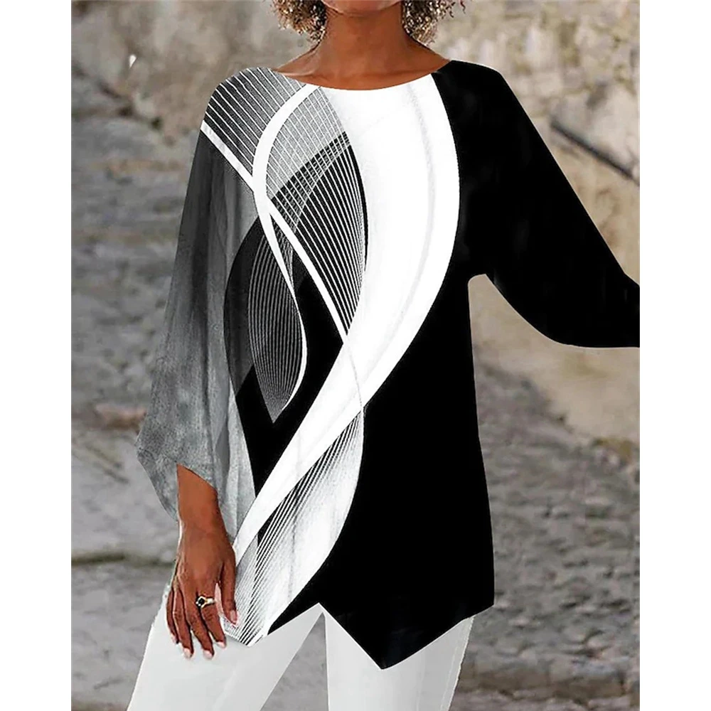 

Women Line Print V-Neck Long Sleeve Asymetrical Casual Top Spring Female Oversized T-Shirts Korean Style Blouse y2k Clothes