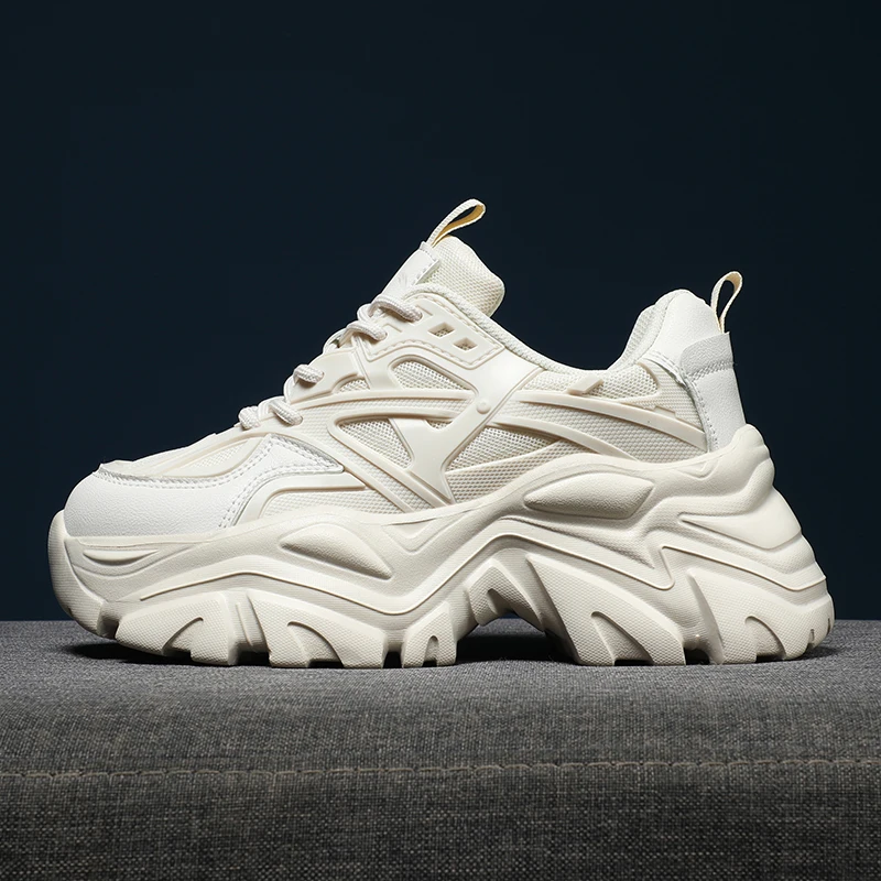 2023 Women's Black Chunky Sneakers Breathable Platform Sports Shoes Woman Lace Up Thick Sole Casual Shoes Zapatillas Mujer Beige