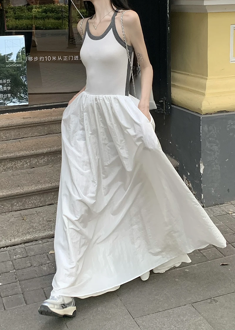 

Summer Maxi Midi Long Dress with Pocket Contrast Knit High Waist Women White Dresses korean cloth y2k elegant boho holiday sexy