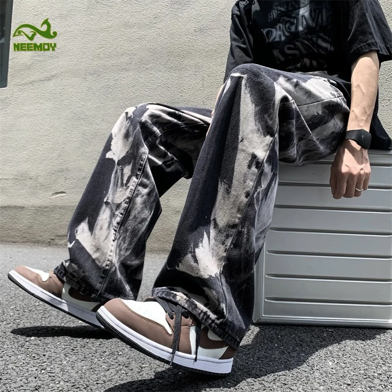 Neemoy New Black Tie-dye Jeans Men's Pants Casual Baggy Jeans High Street Hip Hop Loose Wide-leg Jeans Mens Denim Pants