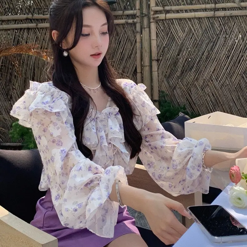 

Blouses Women Long Sleeve V-neck Blusas Tops Floral Spring Korean Style Daily All-match Sweet Elegant Cozy Popular Loose Newest