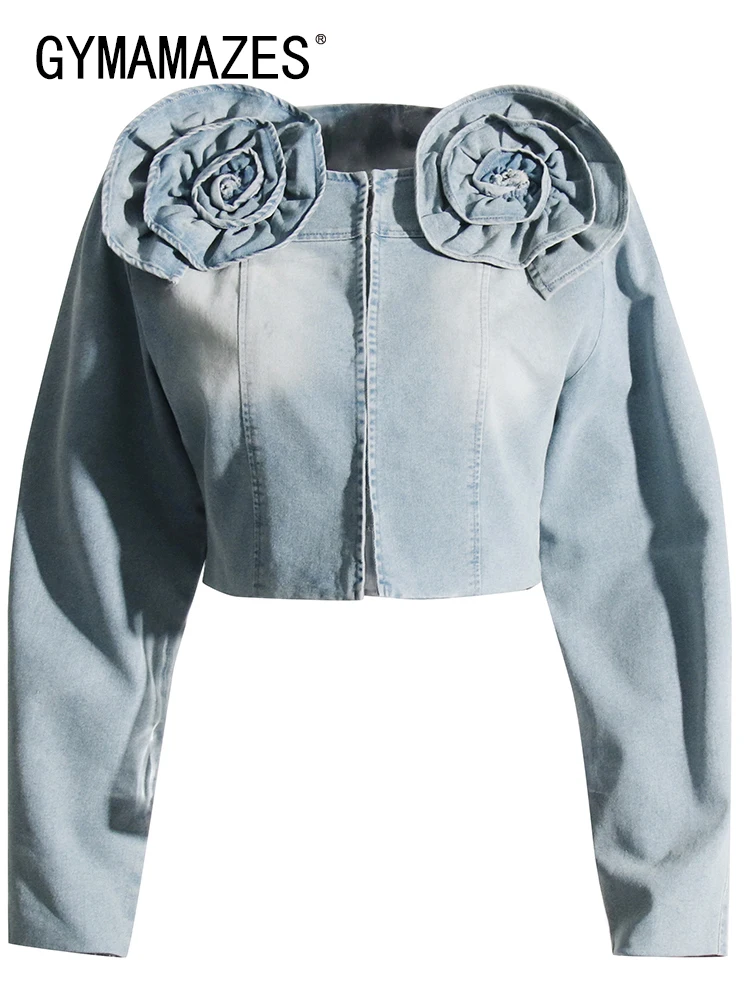 

Женская джинсовая куртка с длинным рукавом, круглым вырезом и аппликацией