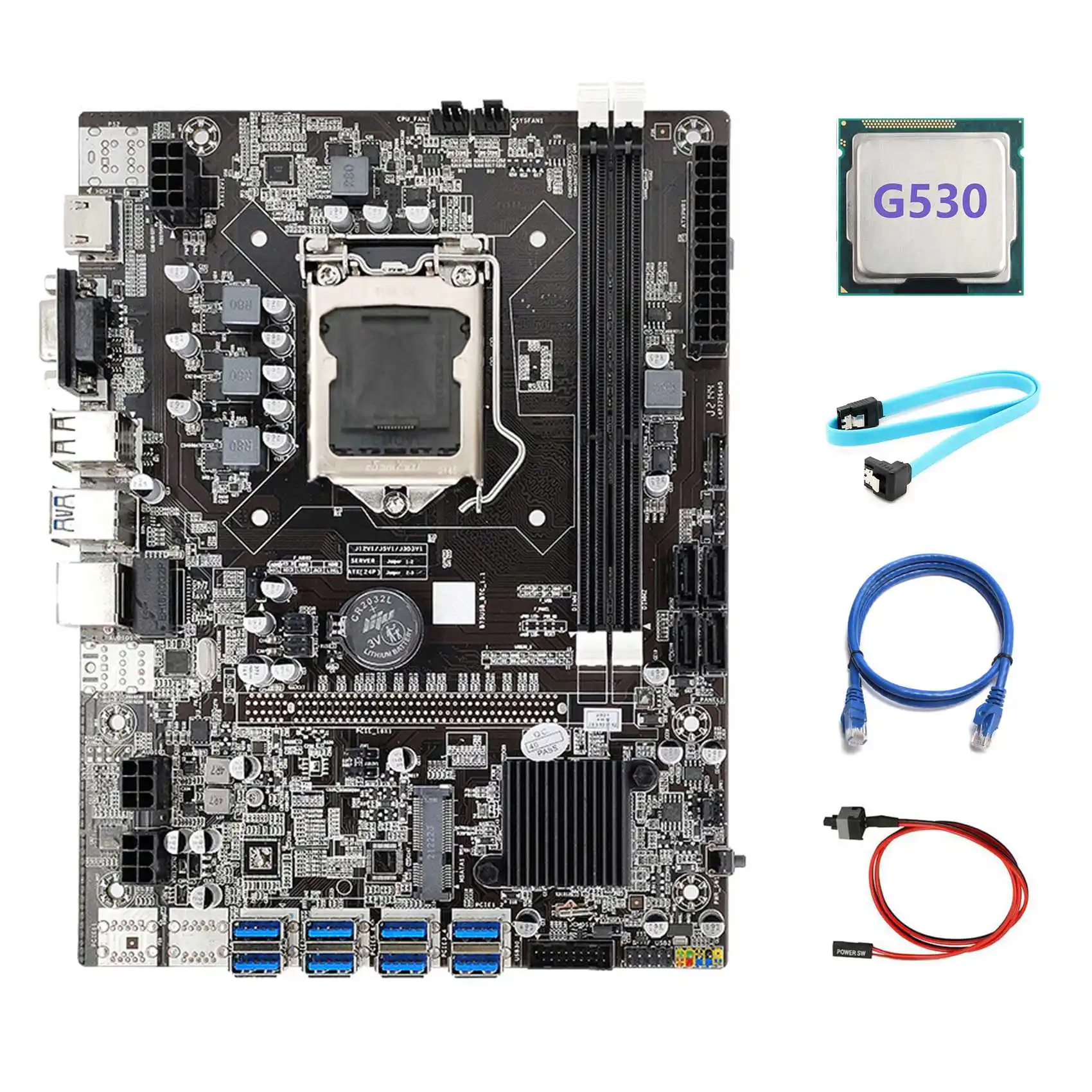 

B75 BTC Mining Motherboard LGA1155 8XPCIE USB3.0 Motherboard with G530 CPU+SATA Cable+Switch Cable+RJ45 Network Cable