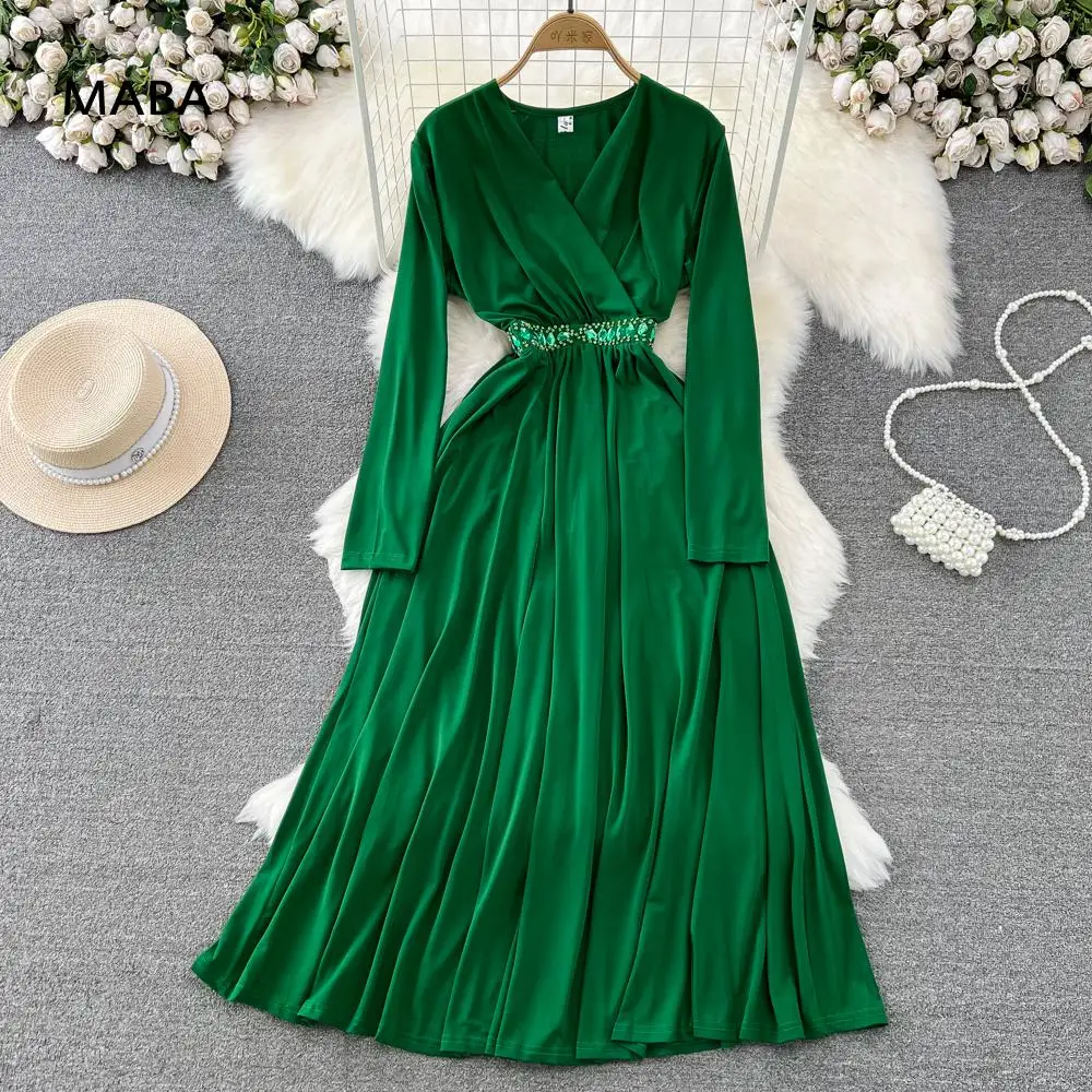 

Red Green Dresses Women Autumn Winter Elegant Cross V-neck Long Sleeve Diamonds Waist Temperament Big Swing Long Dress Vestidos
