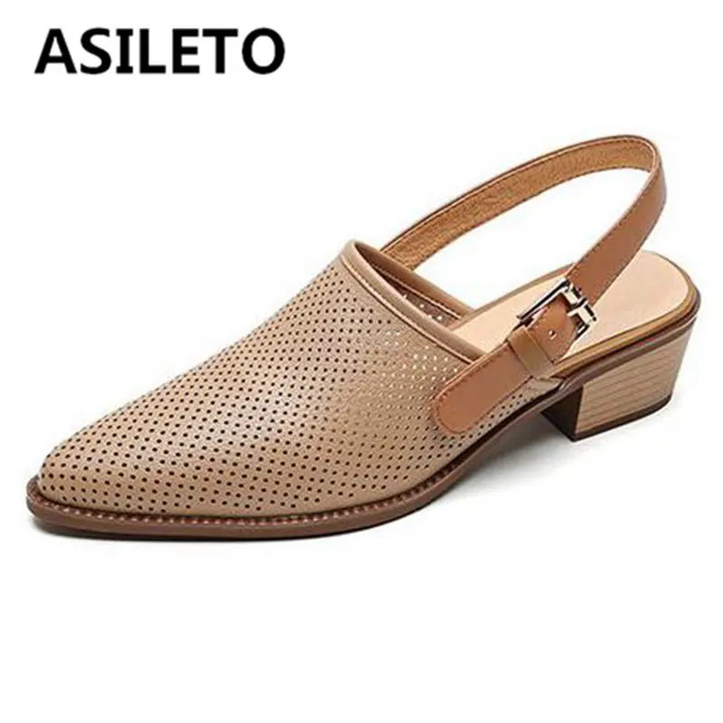 

ASILETO Women Sandals Pointed Toe Mid Heels 4cm Back Buckle Strap Female Mules Hollow Plus Size 40 41 42 Concise Daily Shoes