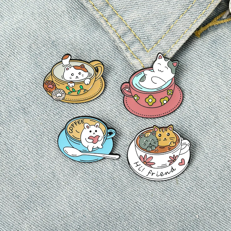 

4 Styles Fashion Coffee Cup Cat Alloy Brooch Cartoon Jewelry Animal Enamel Pin Clothes Backpack Lapel Pins Women Accessories