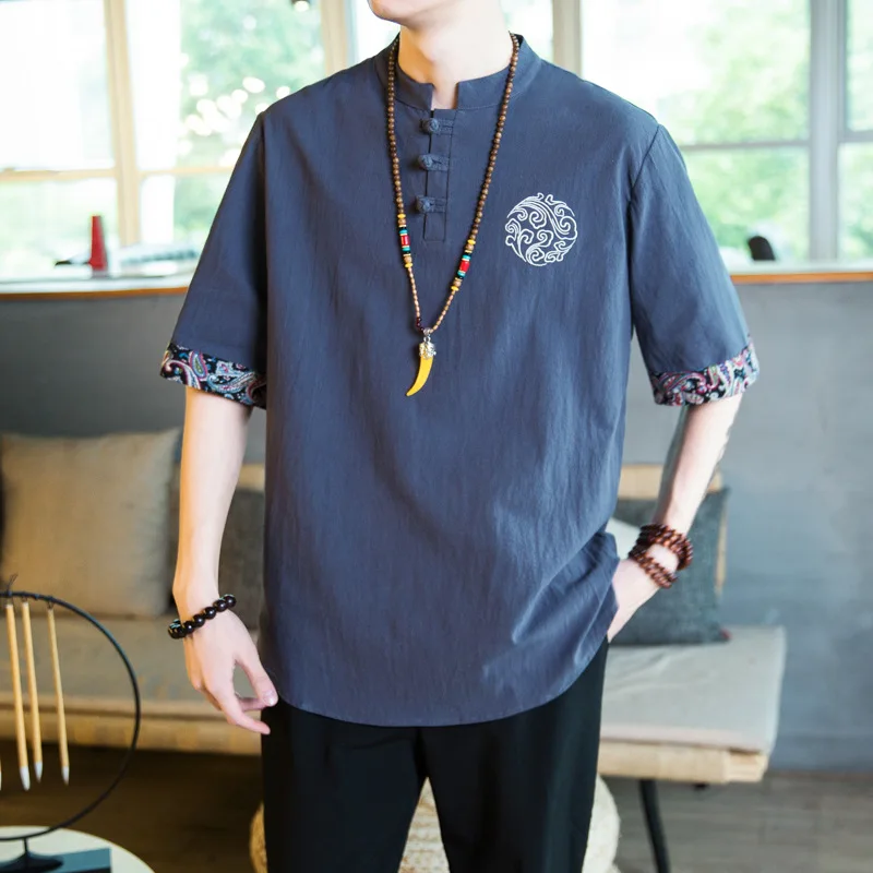 

Summer Men's Cotton and Linen Loose Embroidery Casual Short-sleeved T-shirt