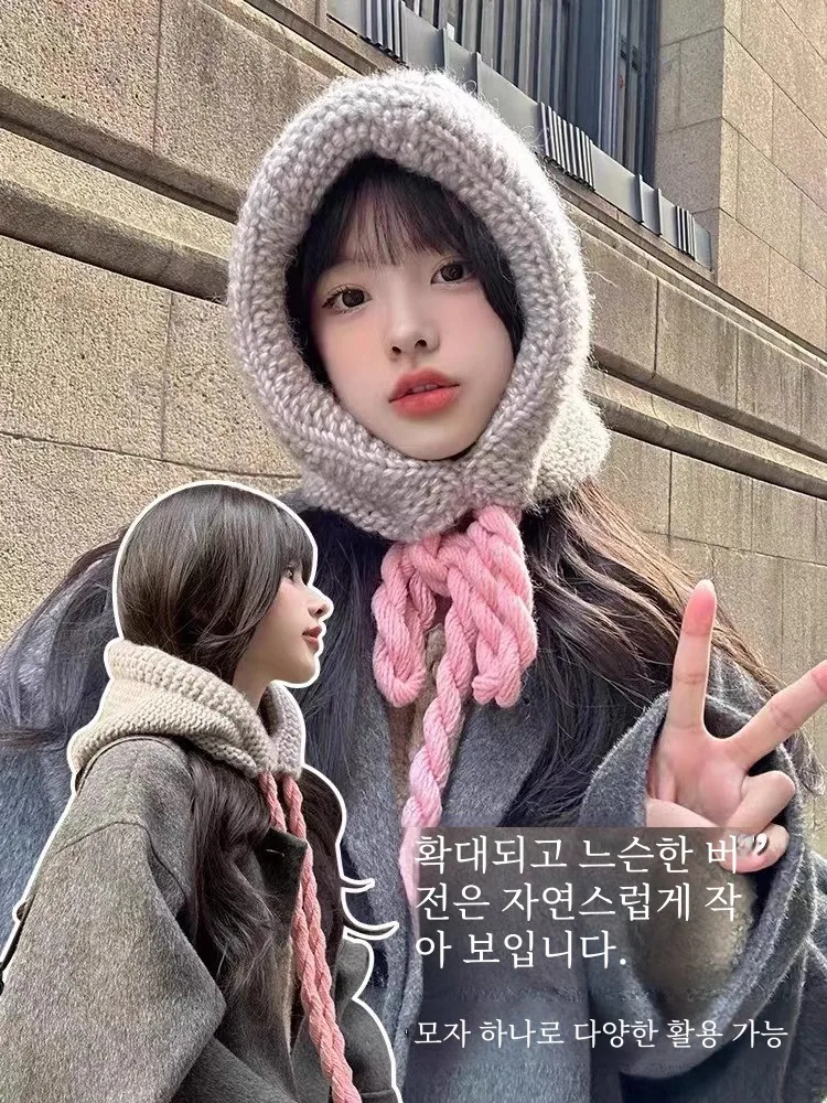 Балаклава шапка женская новая осенне-зимняя теплая шерстяная вязаная с ушками