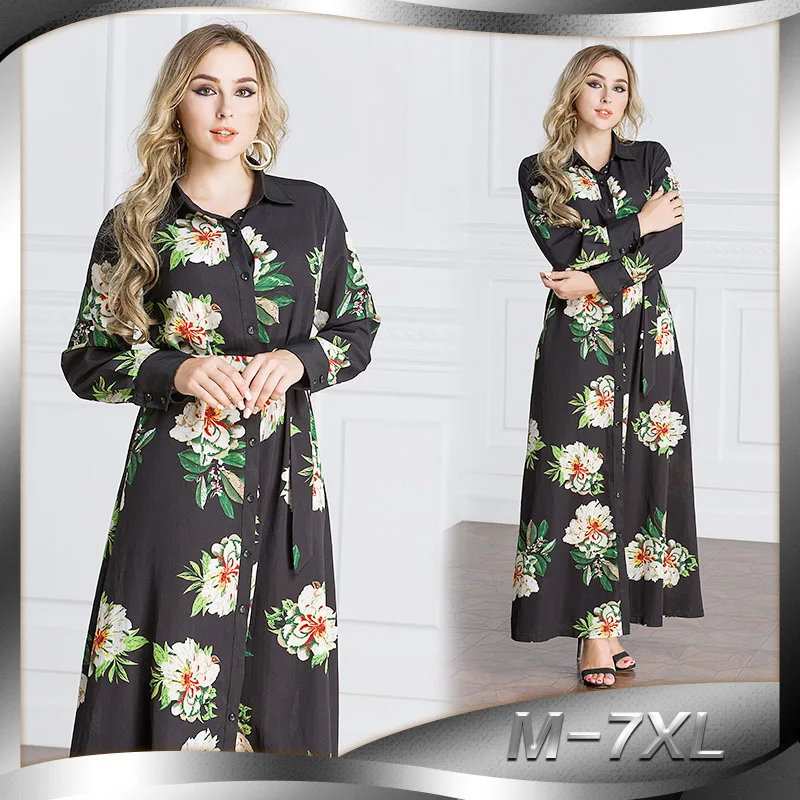 Muslim Dress Muslim Fashion Long Dress Saudi Dubai Button-up Collared Middle East Abaya Turkey Eid Muslim Dress Belt Donsignet