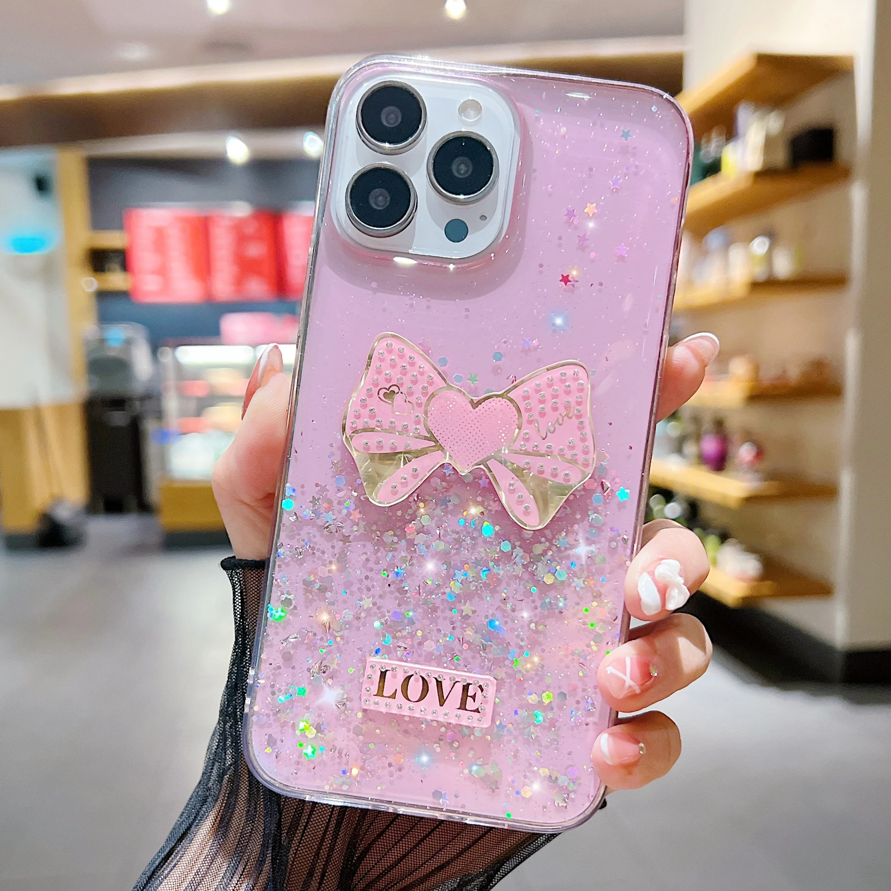 

Glitter Love Heart Bow Tie Phone Case For iPhone 14 13 12 11 Pro Plus Max Mini X XS XR 7 8 6 6S Bling Luxury Soft Cover XL1