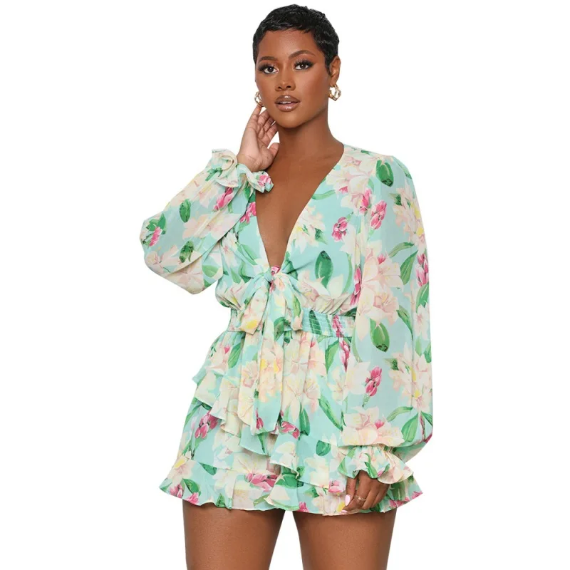 

Surplice Front Allover Floral Print Playsuit Women Deep V Neck Wide Leg Pants Rompers Summer Flare Sleeve Ladies Casual Jumpsuit
