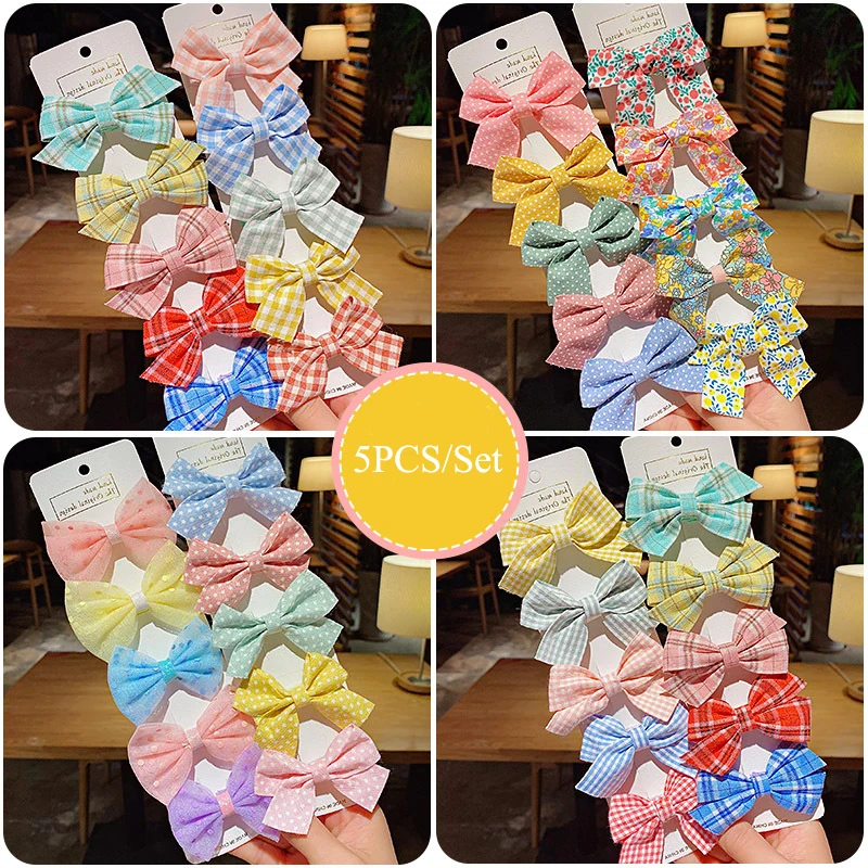 

5PCS/Set Korean Cloth Plaid Dot Solid Bow Hairpin For Girl Children Cute Kawaii Butterfly Hair Clips Barrettes Fashion Headwear