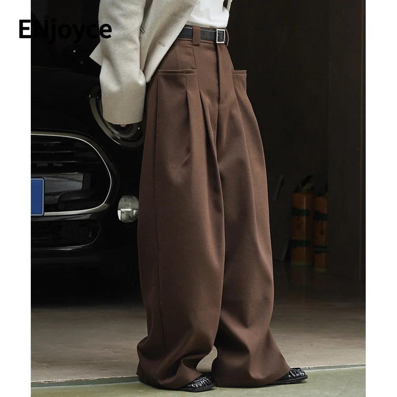 Office Lady Double Pockets Pleated Design Wide Leg Suit Pants Women Casual Loose Straight High Waist Trousers Work Wear 2022