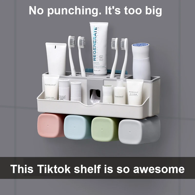 

Punch-free Tooth Brushing Holder With 4 Pieces Cup Durable Toothpaste Rack Wall Mount Toothpaste Squeezer Wholesale Storage Rack